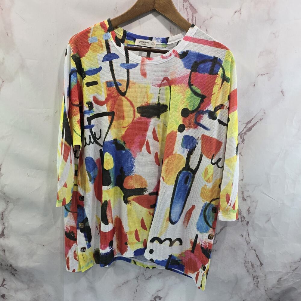 Jess & Jane Shirt Womens Small Yellow Red Artsy Art To Wear Abstract Teacher